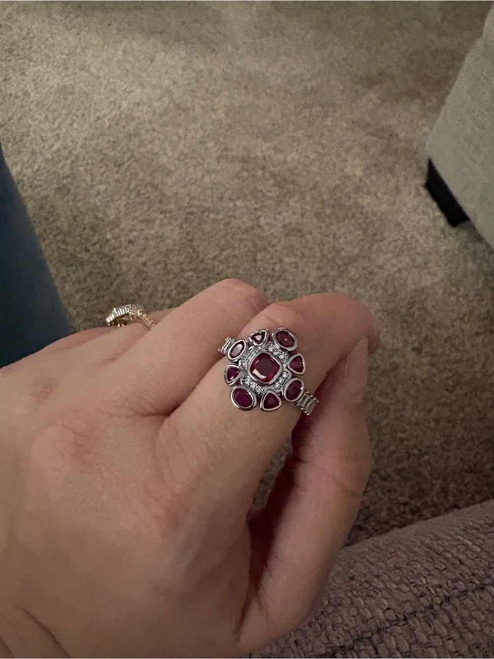 Silver Ring with Red Gemstone Floral Cluster